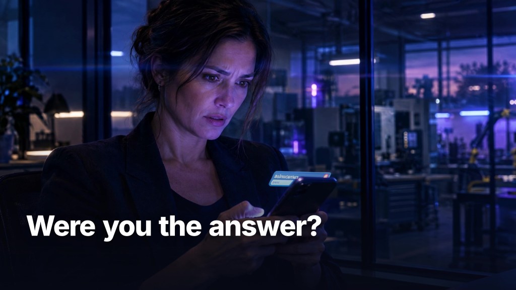 Were you the answer? A founder reads an AI answer on her phone at night.